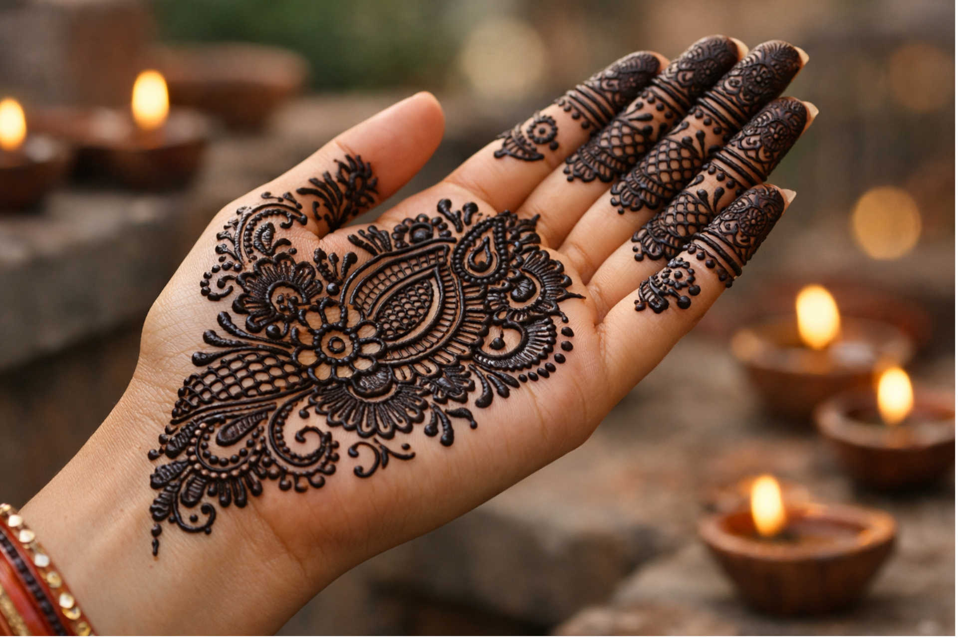 3D Style Mehndi Design on Palm 3D mehndi design on palm with dark raised lines and detailed finger patterns