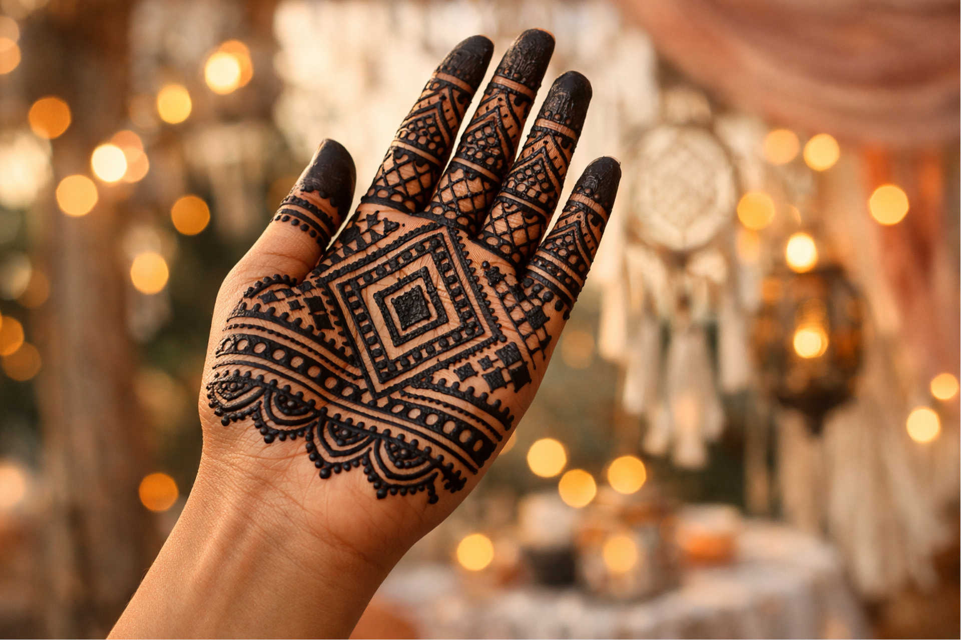 Front Hand Bold Geometric Mehndi Design Close-Up bold geometric mehndi design front hand