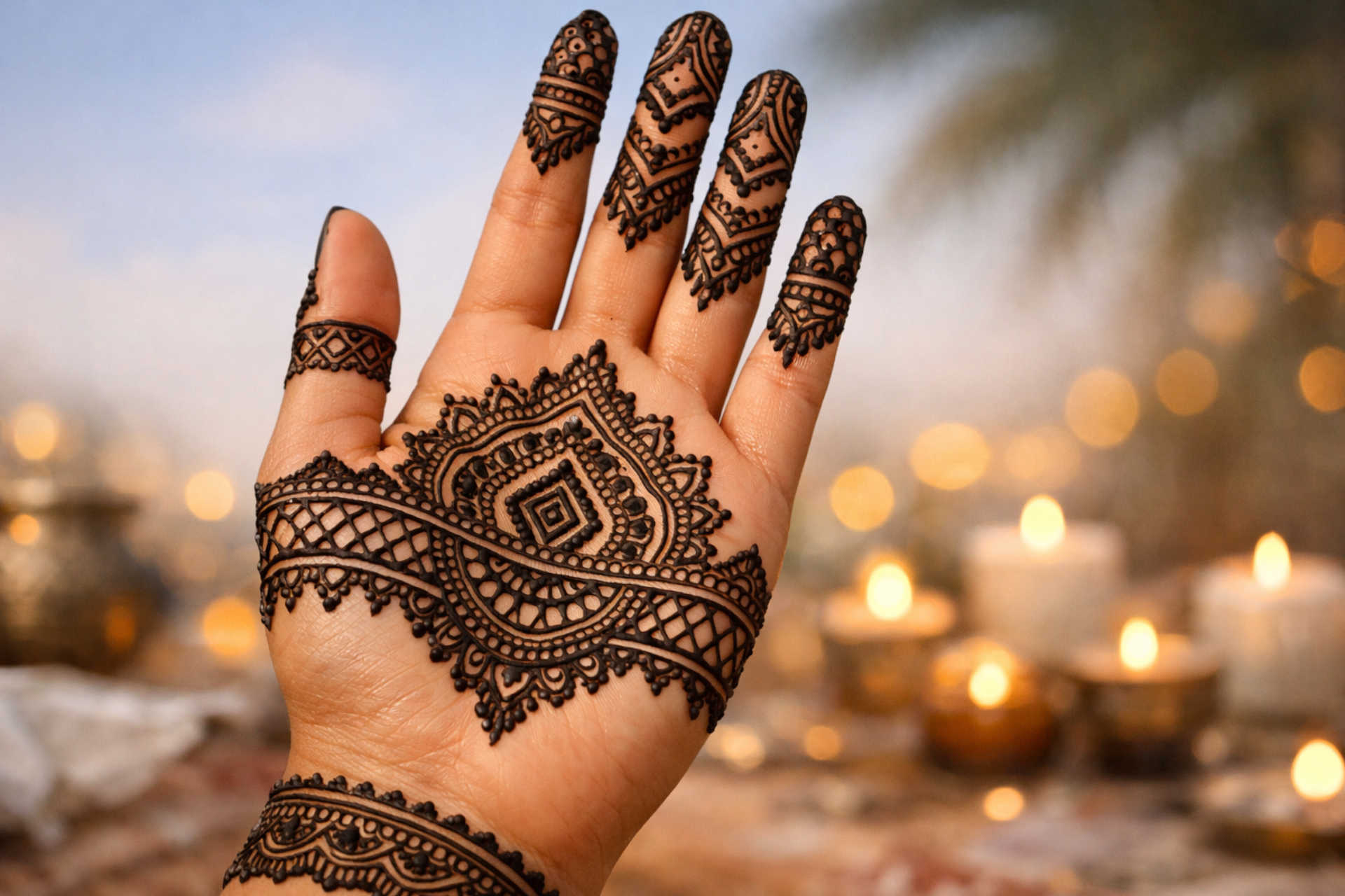 Geometric bracelet mehndi design for front hand close-up bracelet style geometric mehndi design for front hand with dark henna and finger detailing