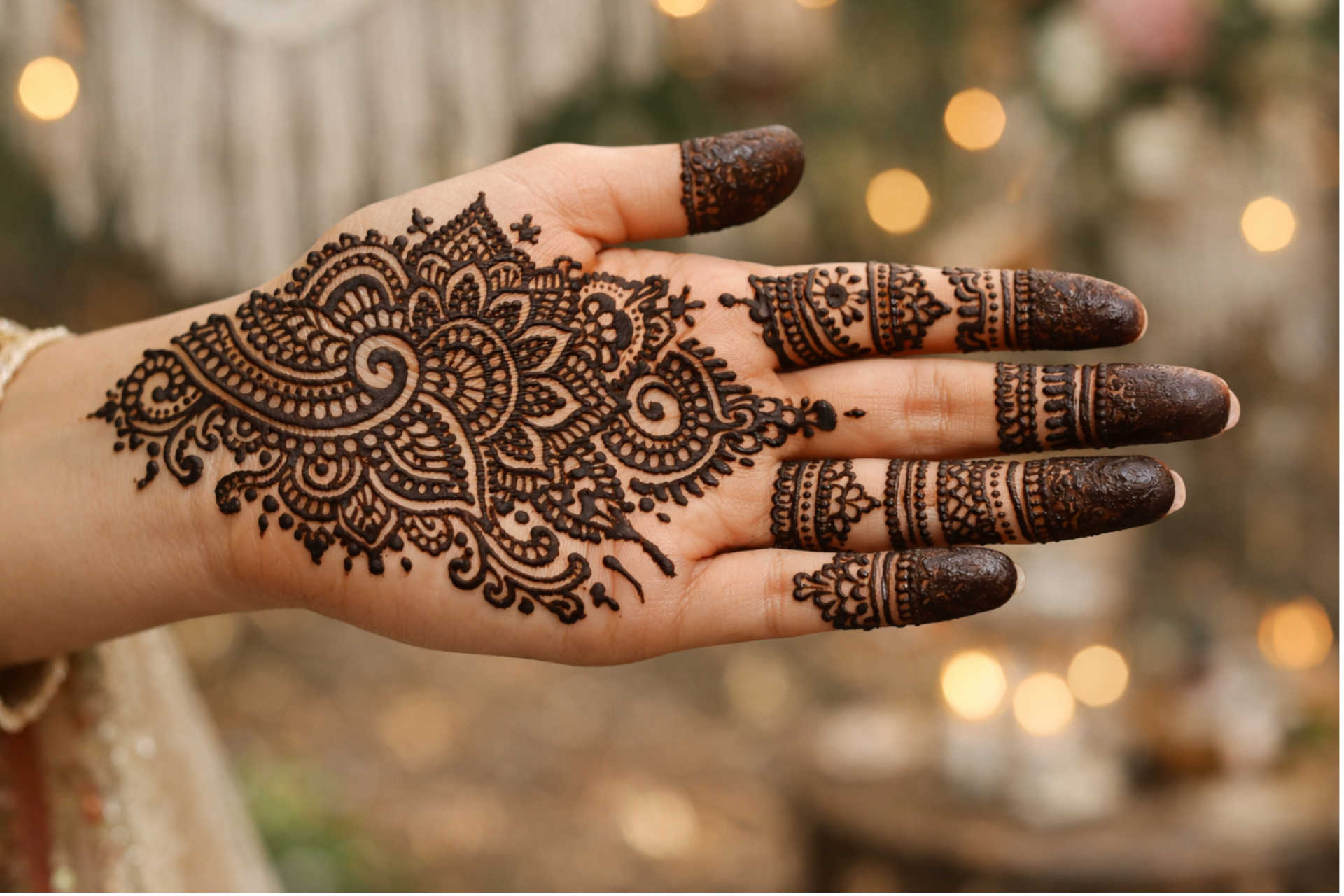 Finger Mehndi Design and Minimal Palm Work Finger mehndi design featuring fine patterns on fingers with light palm detailing
