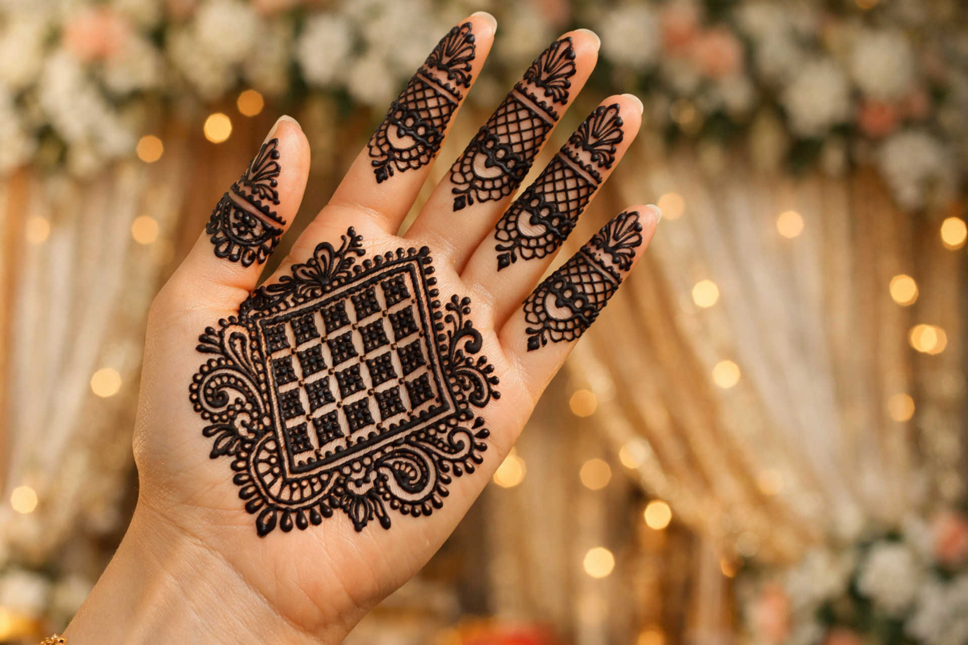 Front hand grid pattern mehndi design with detailed finger work grid pattern mehndi design front hand simple dark mehndi