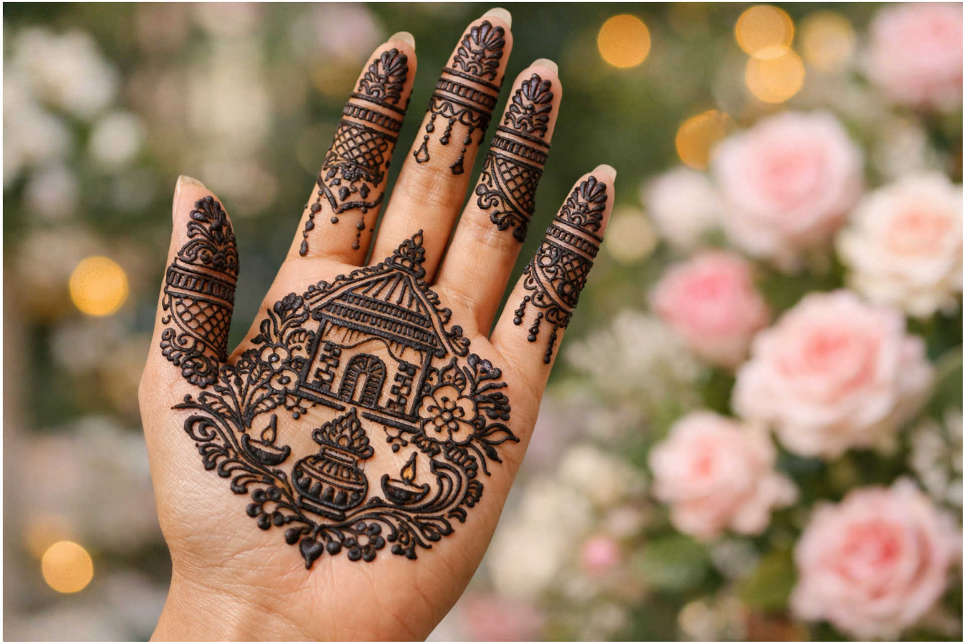 Traditional Griha Pravesh Mehndi Design on Palm griha pravesh mehndi design, housewarming mehndi design