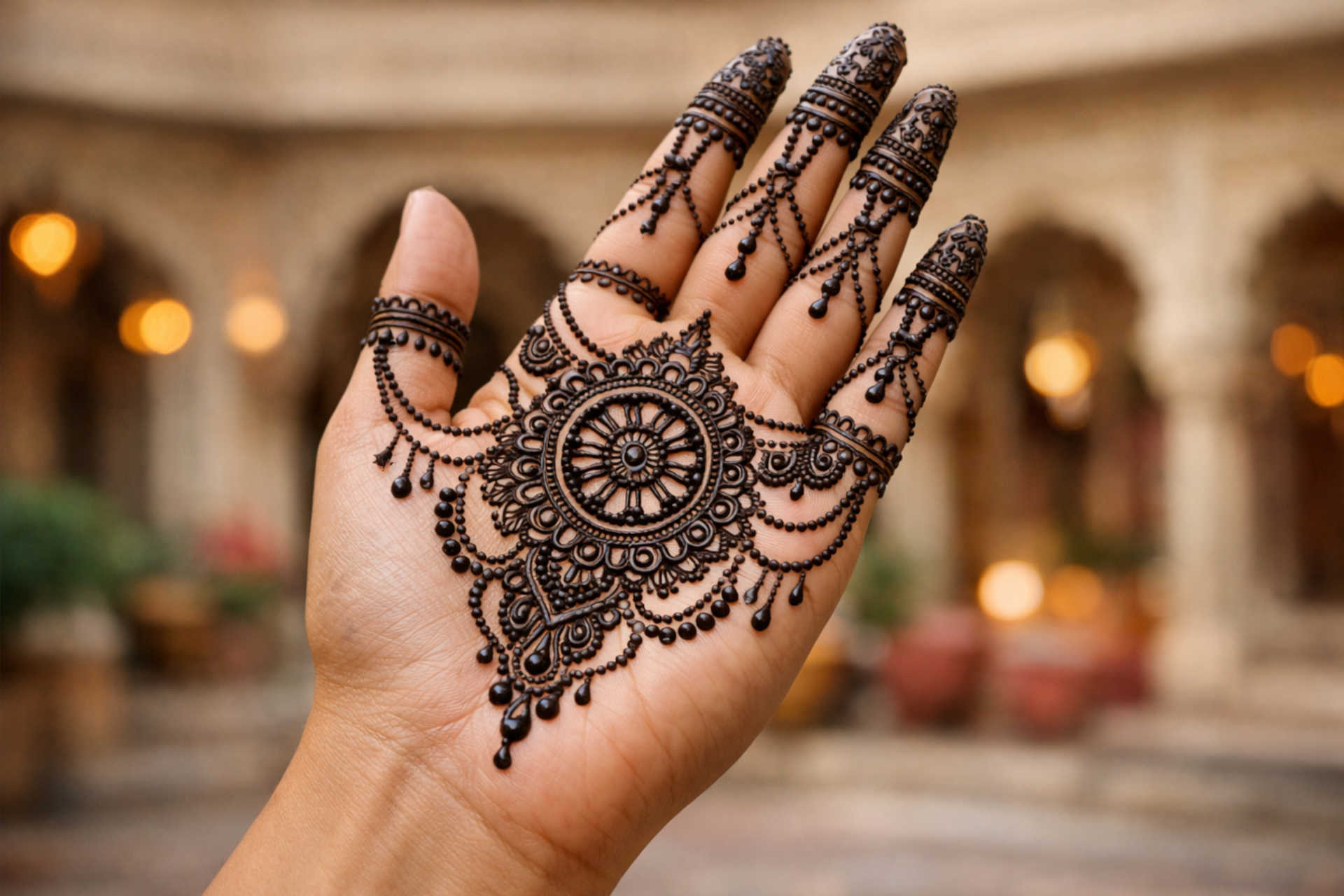Haathphool Style Mehndi Design on Palm with Finger Jewelry-inspired haathphool mehndi design on open palm