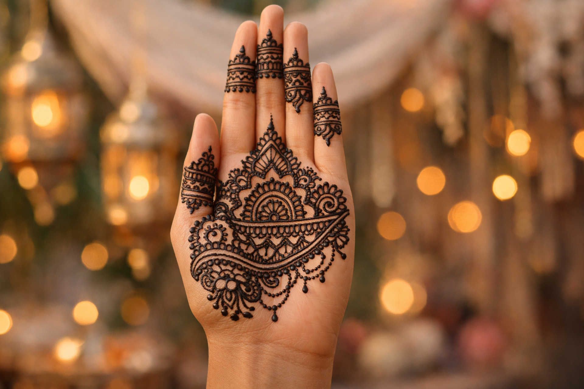 Indo western tattoo mehndi design on palm with floral pattern Indo Western Tattoo Mehndi Palm Design