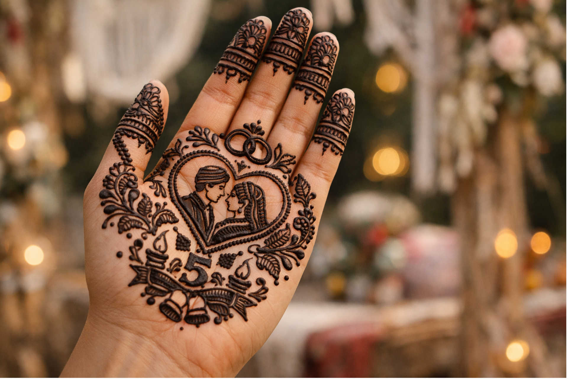 Traditional Mehndi Design for Marriage Anniversary Celebration Traditional mehndi design on the palm used for marriage anniversary celebration.
