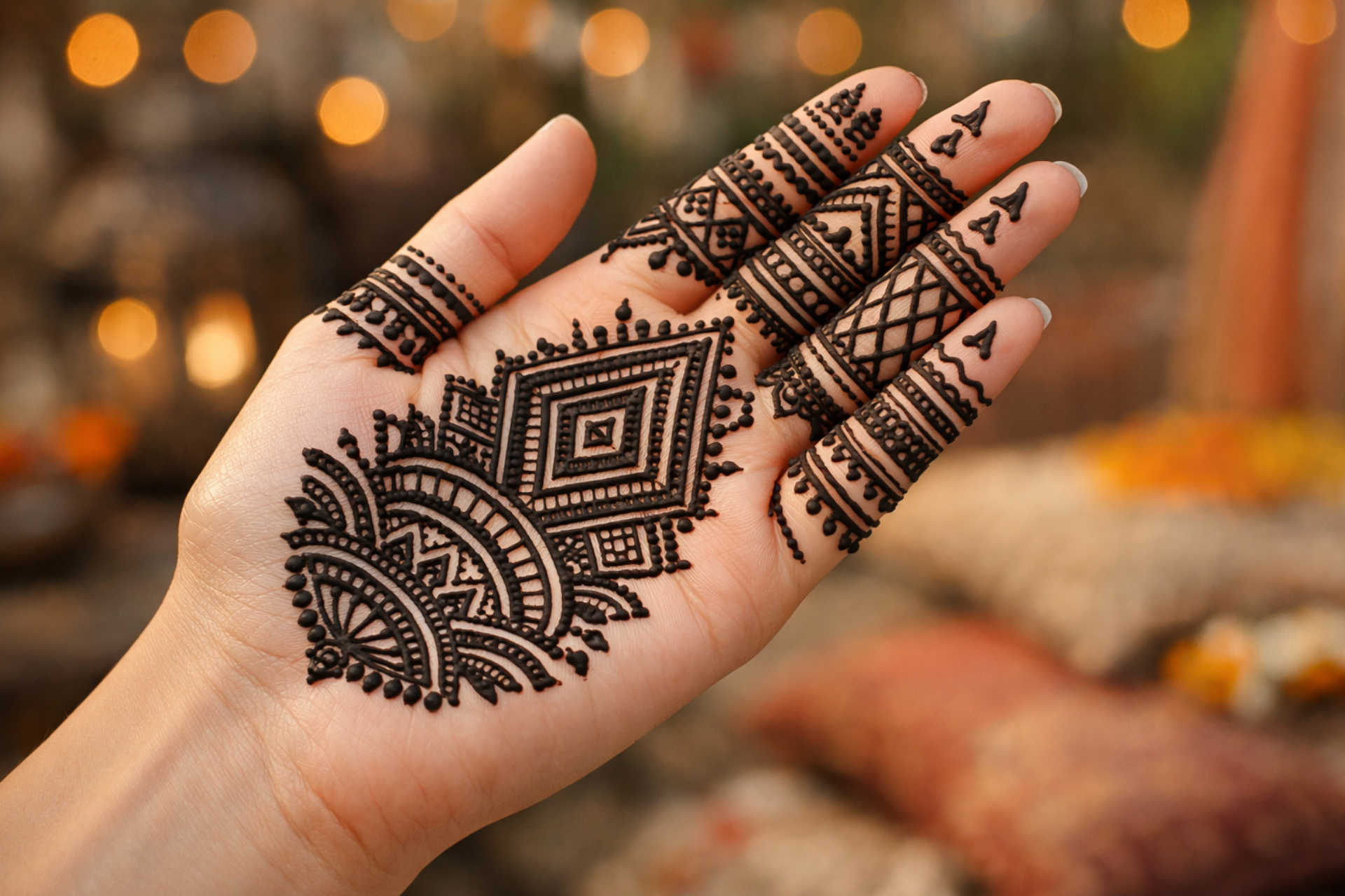 Front hand geometric mehndi design with detailed patterns modern geometric mehndi design front hand simple pattern