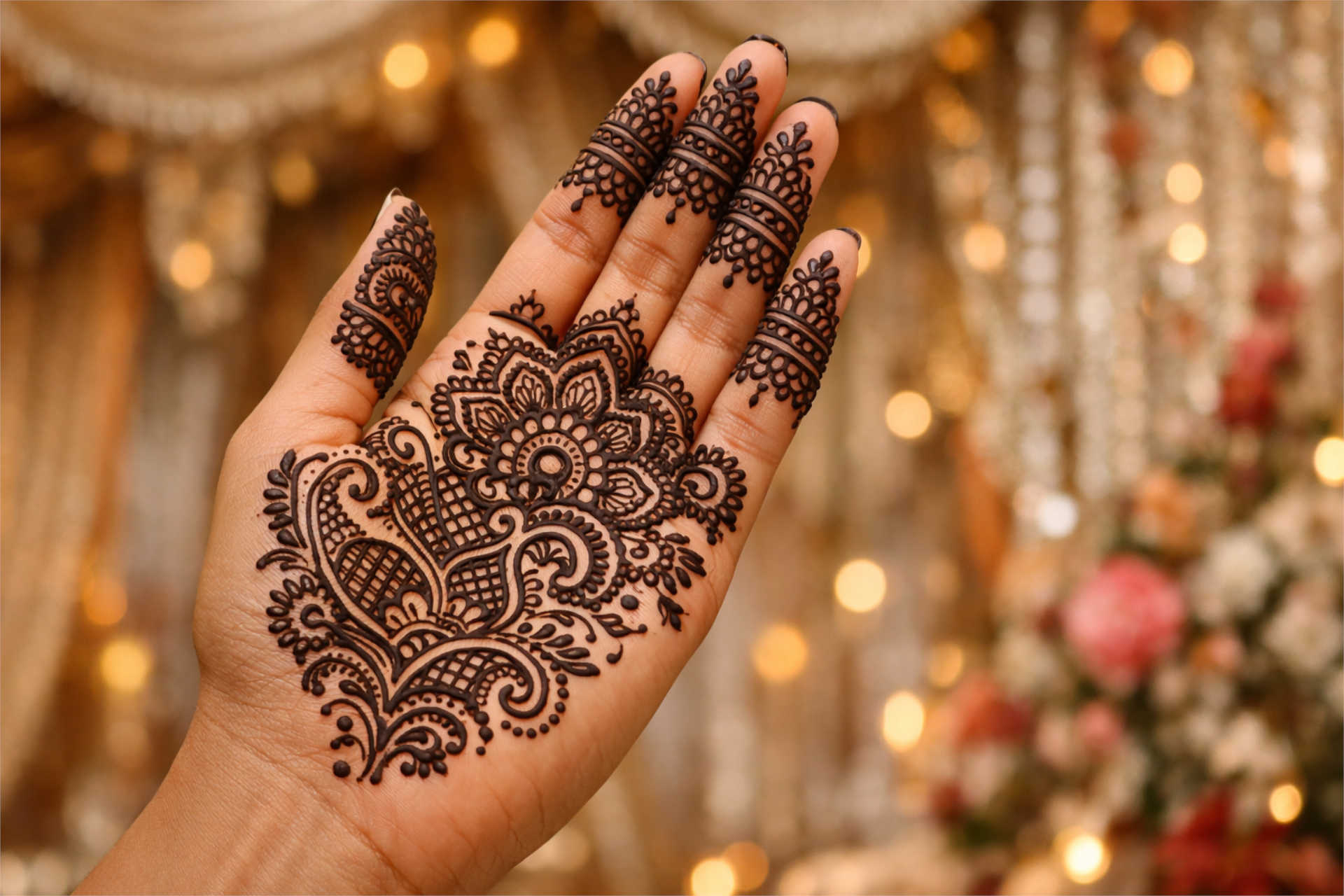 Personalized Mehndi Design on Palm with Unique Pattern Details Personalized mehndi design on hand with custom pattern