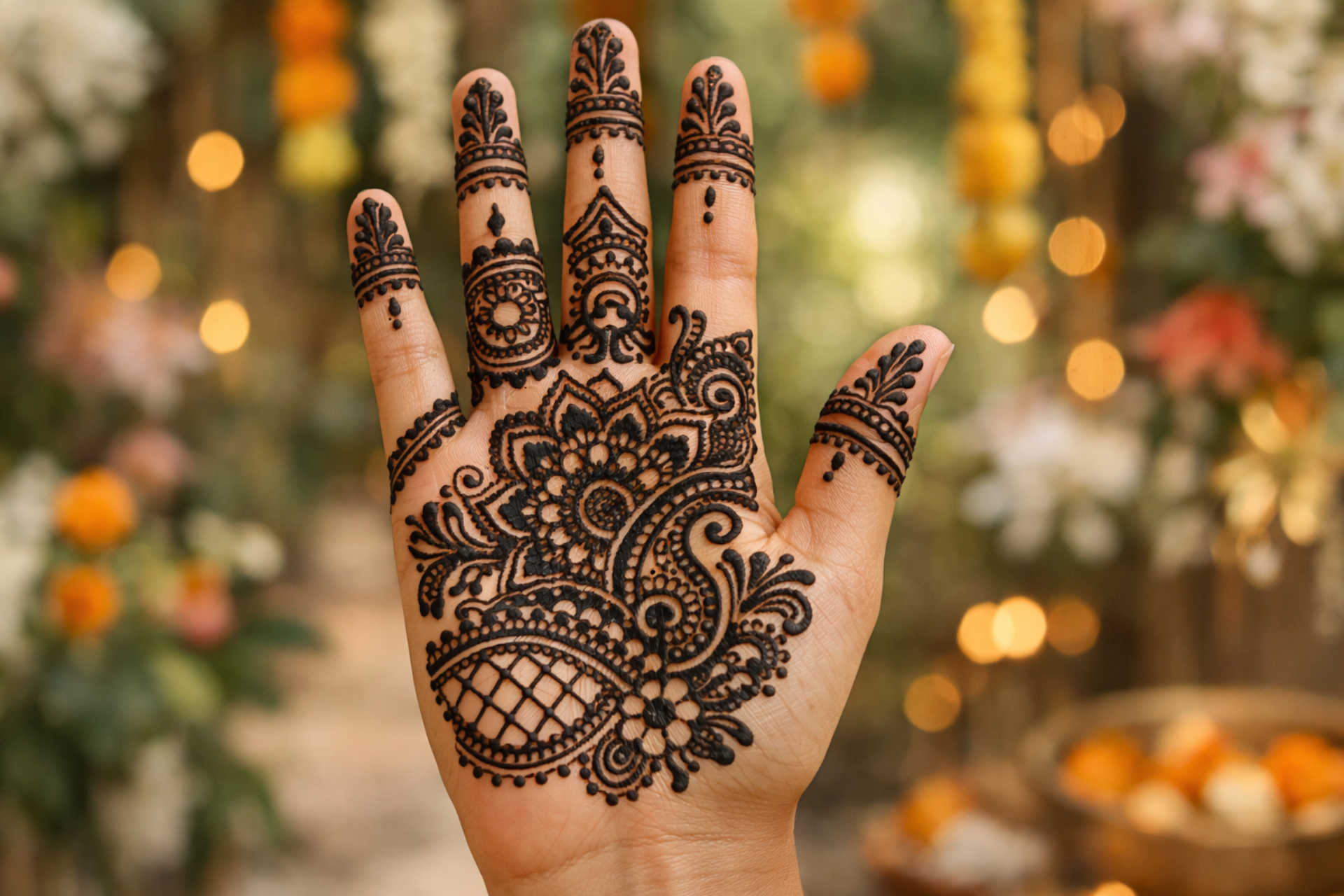 Front hand simple tattoo mehndi design with dark henna paste quick tattoo mehndi design on palm
