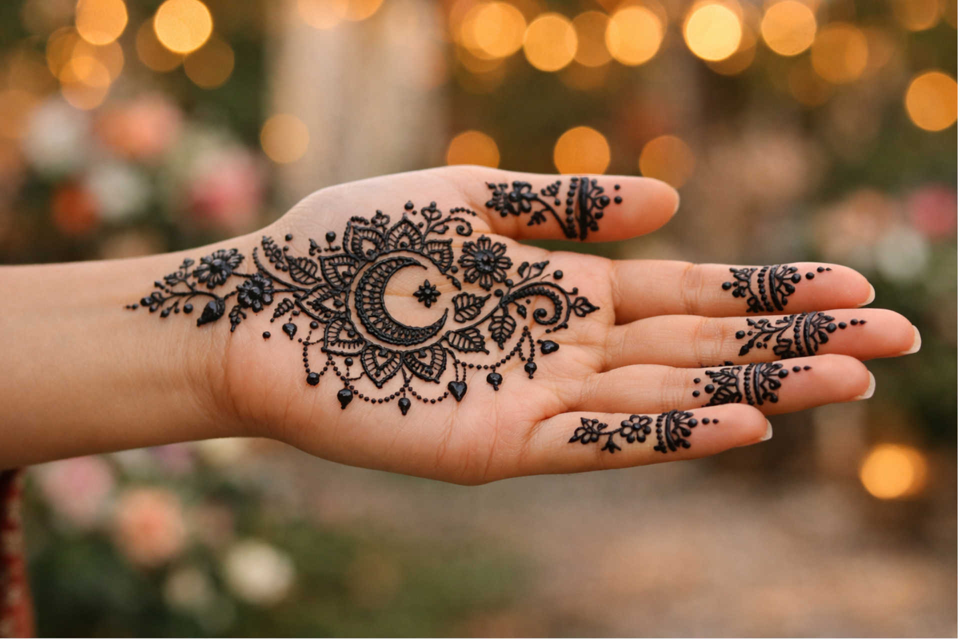 Tiny Mehndi Tattoo Design on Palm with Fine Details Tiny tattoo-style mehndi design on palm with fine minimal detailing