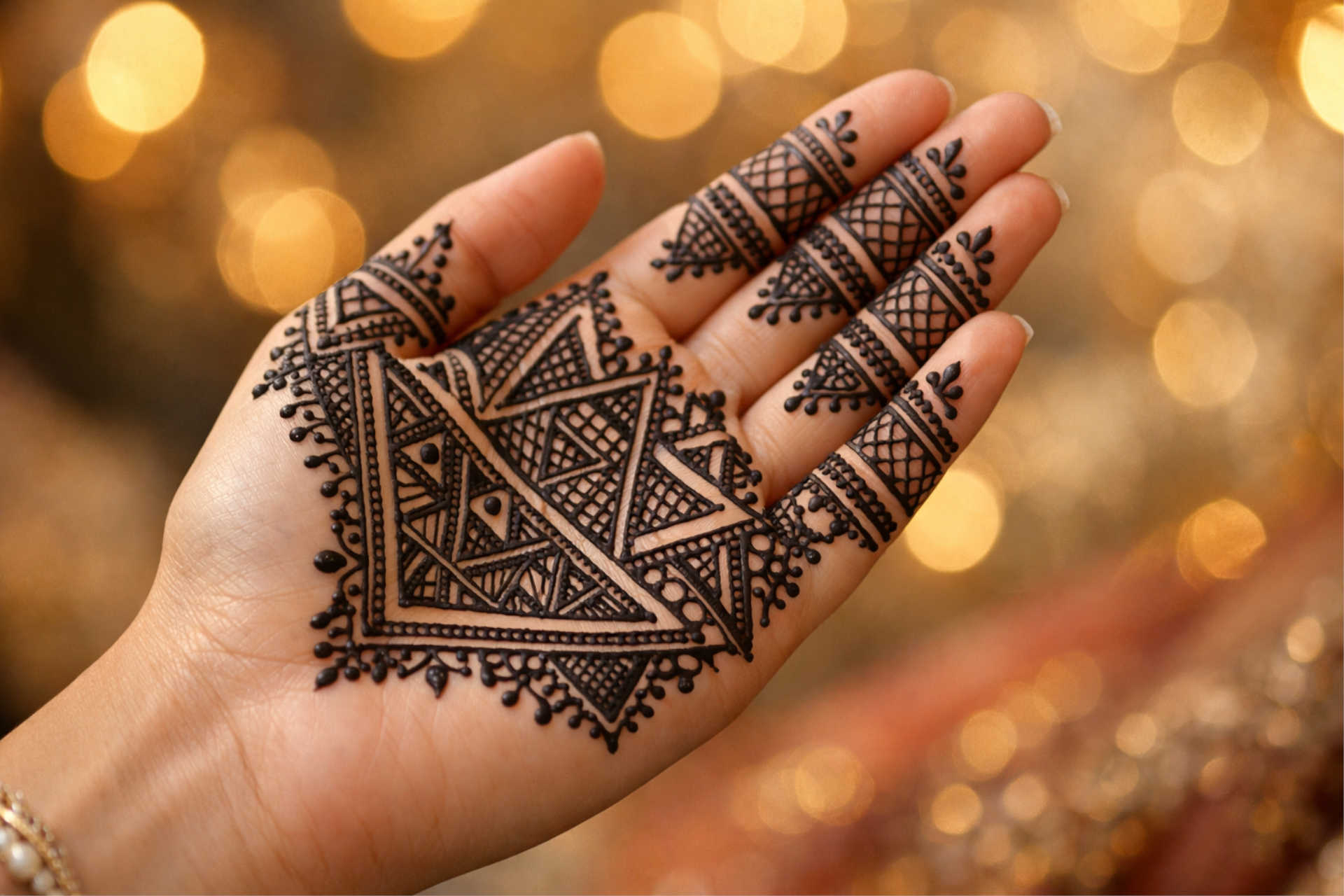 Triangle pattern mehndi design on front hand with detailed geometric henna Triangle Mehndi Design Front Hand Geometric Pattern
